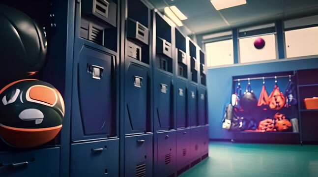 Sports equipment in empty locker room