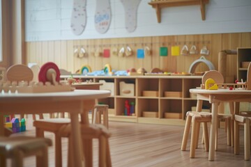 Montessori early education. Kindergarten, preschool classroom interior with wooden furniture, educational material, wooden educational toys