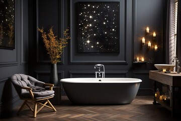 stylist and royal Modern black bathroom interior, space for text, photographic