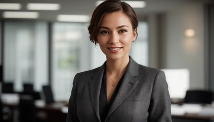 Naklejka premium Confident Businesswoman Smiling in Office Ambiance with Warm Lighting