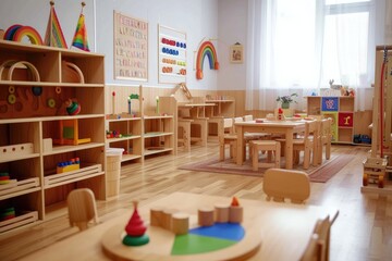 Montessori early education. Kindergarten, preschool classroom interior with wooden furniture, educational material, wooden educational toys