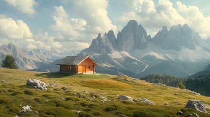 a small cabin in the middle of a grassy field with mountains in the background and clouds in the sky above.