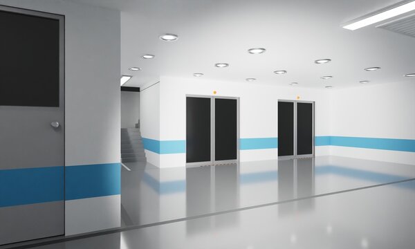 View of elevators with stair interior scene 3d render hospital wallpaper background