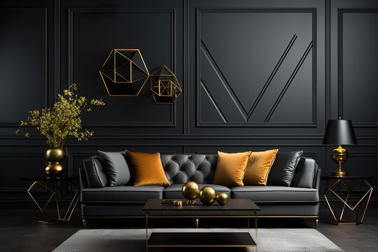 Stylist And Royal Modern Interior Living Room Design And Black And Golden Wall Pattern Texture Background