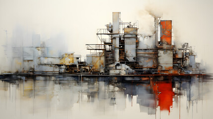 Fototapeta na wymiar oil refinery plant in the night,, A painting of a city by the water 