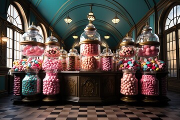 stylist and royal Multicolored candy shop interior, space for text, photographic - obrazy, fototapety, plakaty