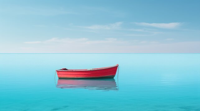 a red boat floating on top of a large body of water under a blue sky with wispy clouds.