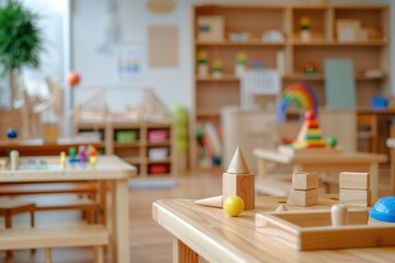 Montessori early education. Kindergarten, preschool classroom interior with wooden furniture, educational material, wooden educational toys