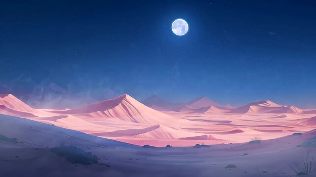 A moonlit desert landscape with sand dunes stretching into the distance. Fantasy landscape anime or cartoon style, seamless looping 4k time-lapse virtual video animation background