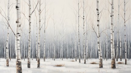 a painting of a snow covered forest with trees in the foreground and snow on the ground in the foreground.