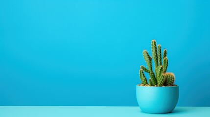 a small cactus in a blue pot on a blue table against a blue background with copy - space in the middle.