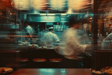 Busy Japanese restaurant. staff in motion