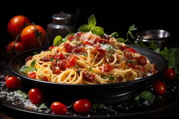 stylist and royal Spaghetti alla Amatriciana with pancetta bacon, tomatoes and pecorino cheese