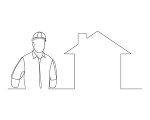 Continuous single line sketch drawing of building foreman worker and house home real estate. One line art of architect holding design paper of building vector illustration.