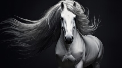 Obraz na płótnie Canvas a black and white photo of a horse with its hair blowing in the wind and it's head turned to the side.