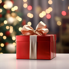 Red gift box with golden bow on the background of a Christmas tree