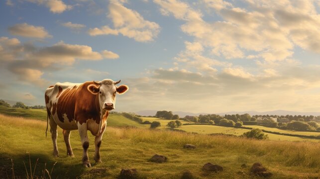 a brown and white cow standing on top of a lush green field next to a lush green hillside under a cloudy sky.