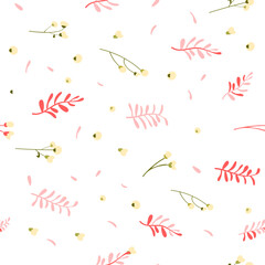 Botanical seamless pattern hand drawn. White background with delicate flowers and leaves. Minimalist style. Vector illustration.