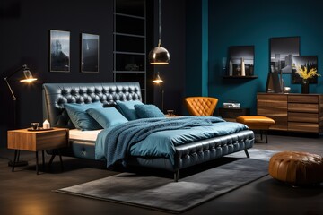 stylist and royal Stylish bedroom interior in trendy blue, space for text, photographic