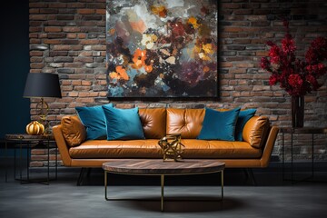 stylist and royal The interior of a modern living room with a dark blue sofa next to a brick wall on which a horizontal poster hangs