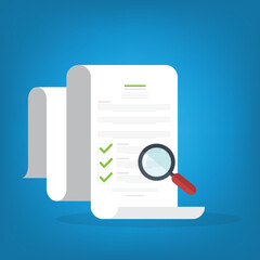 	Document inspection or assessment evaluation on laptop computer, contract review, analysis, inspection of agreement contract, compliance verification. Vector illustration.	