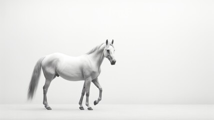 Obraz na płótnie Canvas a black and white photo of a horse in the middle of a white room with a white wall in the background.