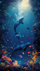 Fototapeta premium underwater concert with sea creatures as the audience lit by deep sea lights