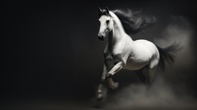 a black and white photo of a horse galloping through the air with its front legs in the air and it's rear legs in the air.
