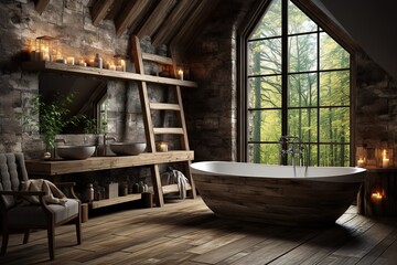 stylist and royal Three dimensional render of interior of rustic bathroom, space for text, photographic