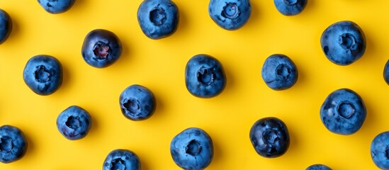 Electric blueberries are arranged in a circular pattern on a vibrant yellow background, creating a closeup recreation of a pollinator attracting organism