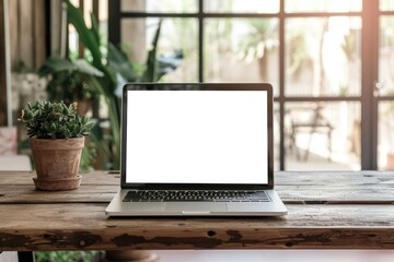 Fototapeta premium Laptop on table with white blank mockup design