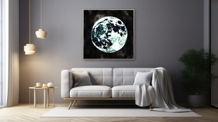 a living room with a white couch and a painting of the moon on the wall in the corner of the room.