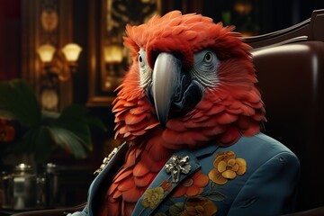 stylist and royal tropical parrot poster. High quality 3d illustration, space for text, photographic