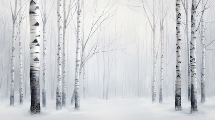 Fototapeta premium a painting of a snow covered forest with trees in the foreground and a foggy sky in the background.
