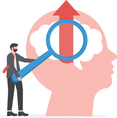 businessman magnifying glass for look think growth mindset on head human concept vector

