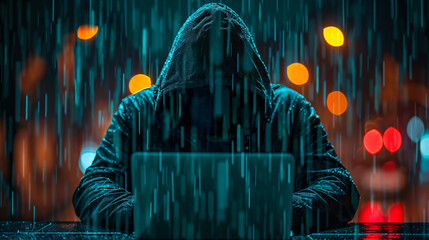 Silhouette of a person in a hoodie working on a laptop in a dark room, with a blue light emanating...