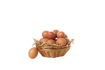PNG, eggs in a round basket, isolated on white background.
