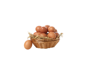 PNG, eggs in a round basket, isolated on white background.