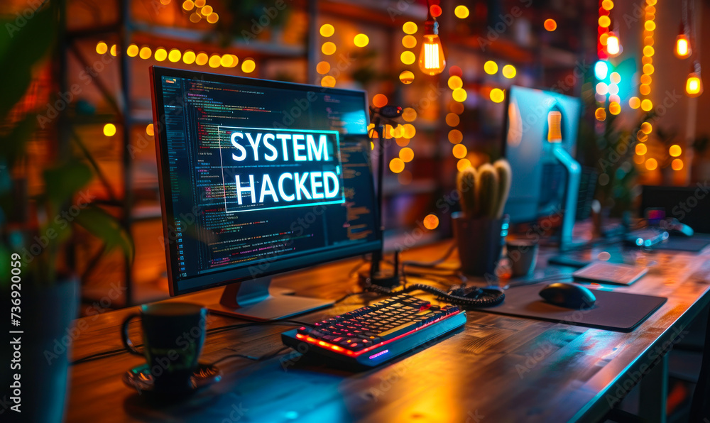 Poster cybersecurity breach warning with system hacked alert on a computer screen in a dark office environm