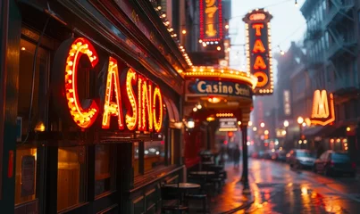Fototapete Rund Glowing Casino neon sign dazzling with bright lights, inviting nighttime entertainment and gambling in a vibrant setting © Bartek