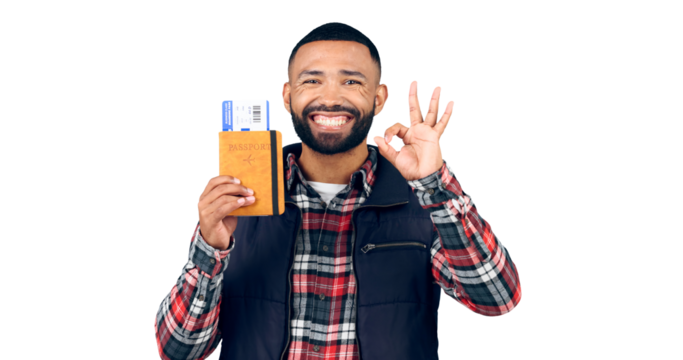 Ok sign, portrait or man with a passport, happy or vacation with travel itinerary. Face, model or flight tickets for travelling or perfect symbol or ready or isolated on a transparent png background