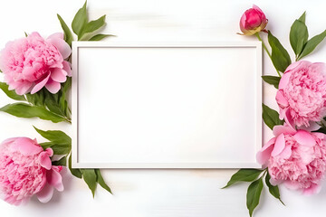 White frame with pink peony flowers on white wooden background. Flat lay. top view
