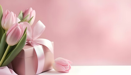Bouquet of pink tulips and gift box on white table and pink background