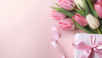 Bouquet of tulips and gift box on pink background.