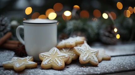 a close up of a cup of coffee and some cookies on a table with a christmas tree in the background.