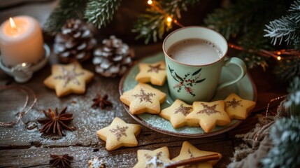 a cup of coffee next to a plate of star shaped cookies on a table with a lit candle in the background.
