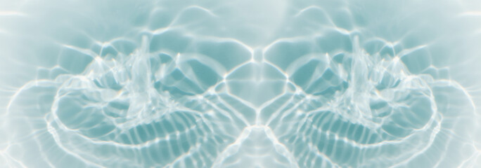 Blue water surface texture with ripples, splashes, and bubbles. Abstract summer banner background Water waves in sunlight with copy space cosmetic moisturizer micellar toner emulsion. Blue water wave.