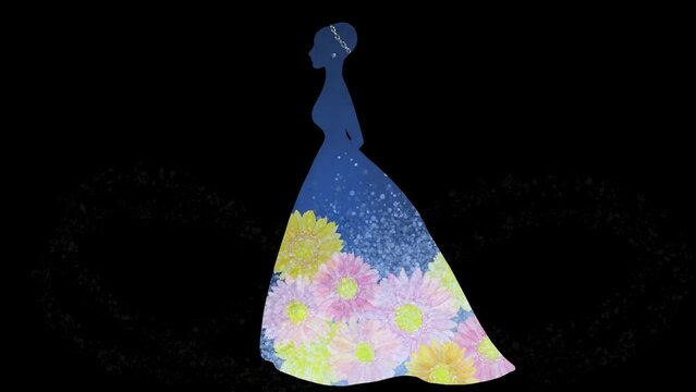 うつむいていた女性が美しいプリンセスに変身するアルファ付きアニメーション。水彩イラストを使用した、結婚式向けの美しい映像。