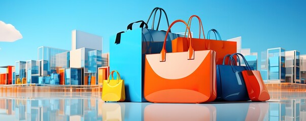 Collection of shopping bags in orange and blue colors