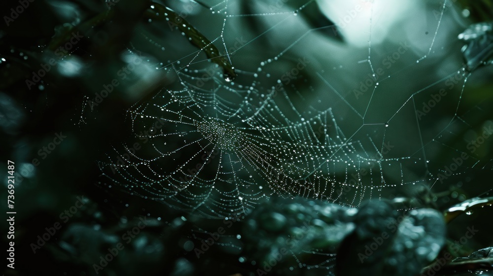 Wall mural a close up of a spider web on a leafy branch with drops of water on the spider's web.